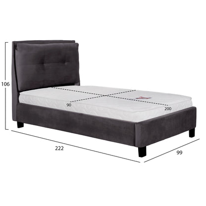 BED WITH MATTRESS RILEY HM21282.01 GREY VELVET--FOR MATTRESS 90x200cm