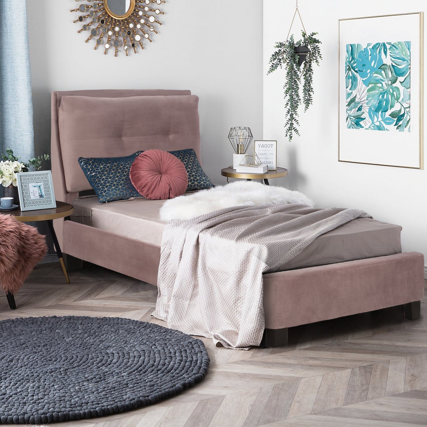 BED WITH MATTRESS RILEY HM21282.02 DUSTY PINK VELVET--FOR MATTRESS 90x200cm