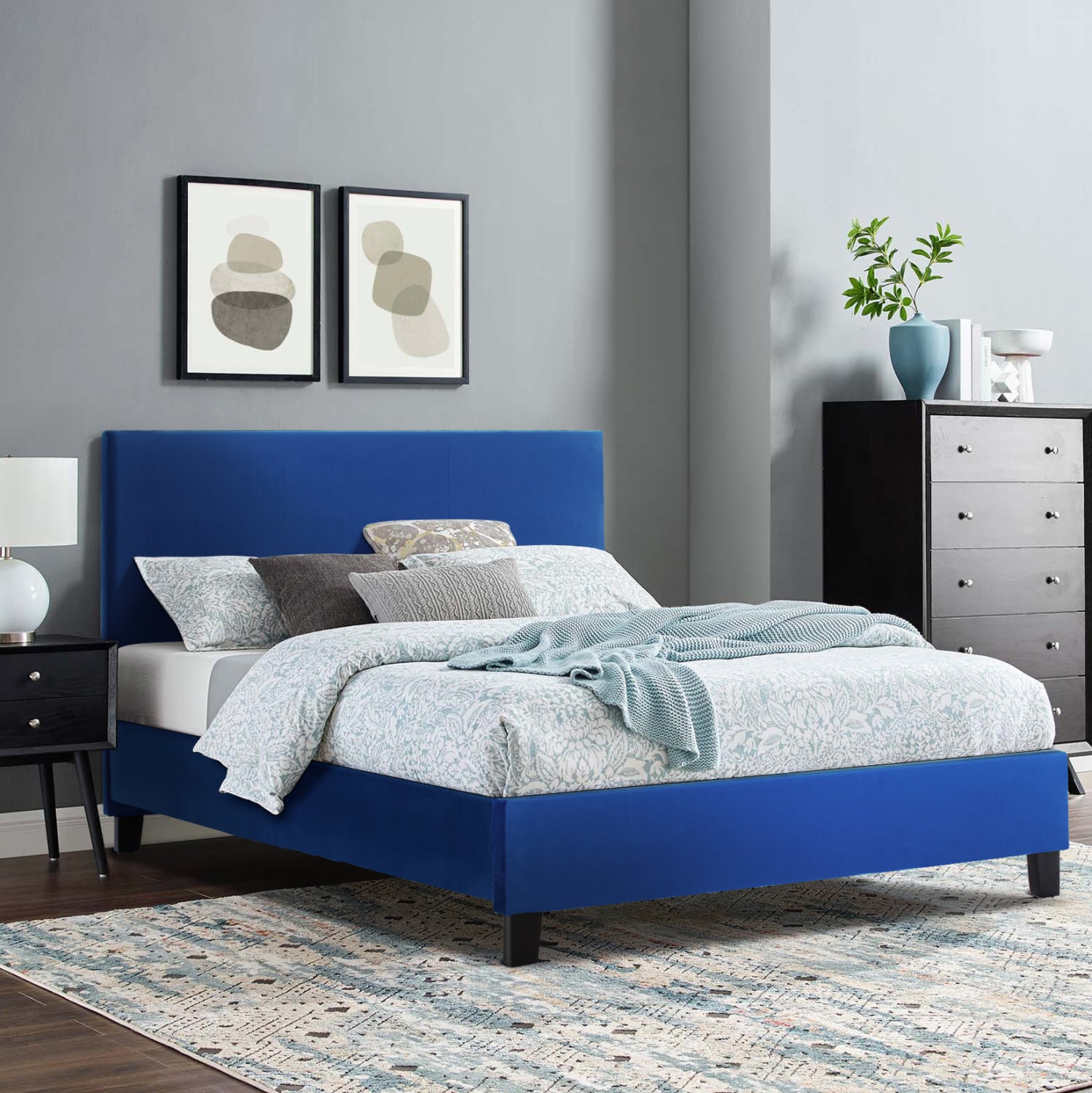 BED WITH MATTRESS BECCA HM21283.07 BLUE VELVET--FOR MATTRESS 150x200cm