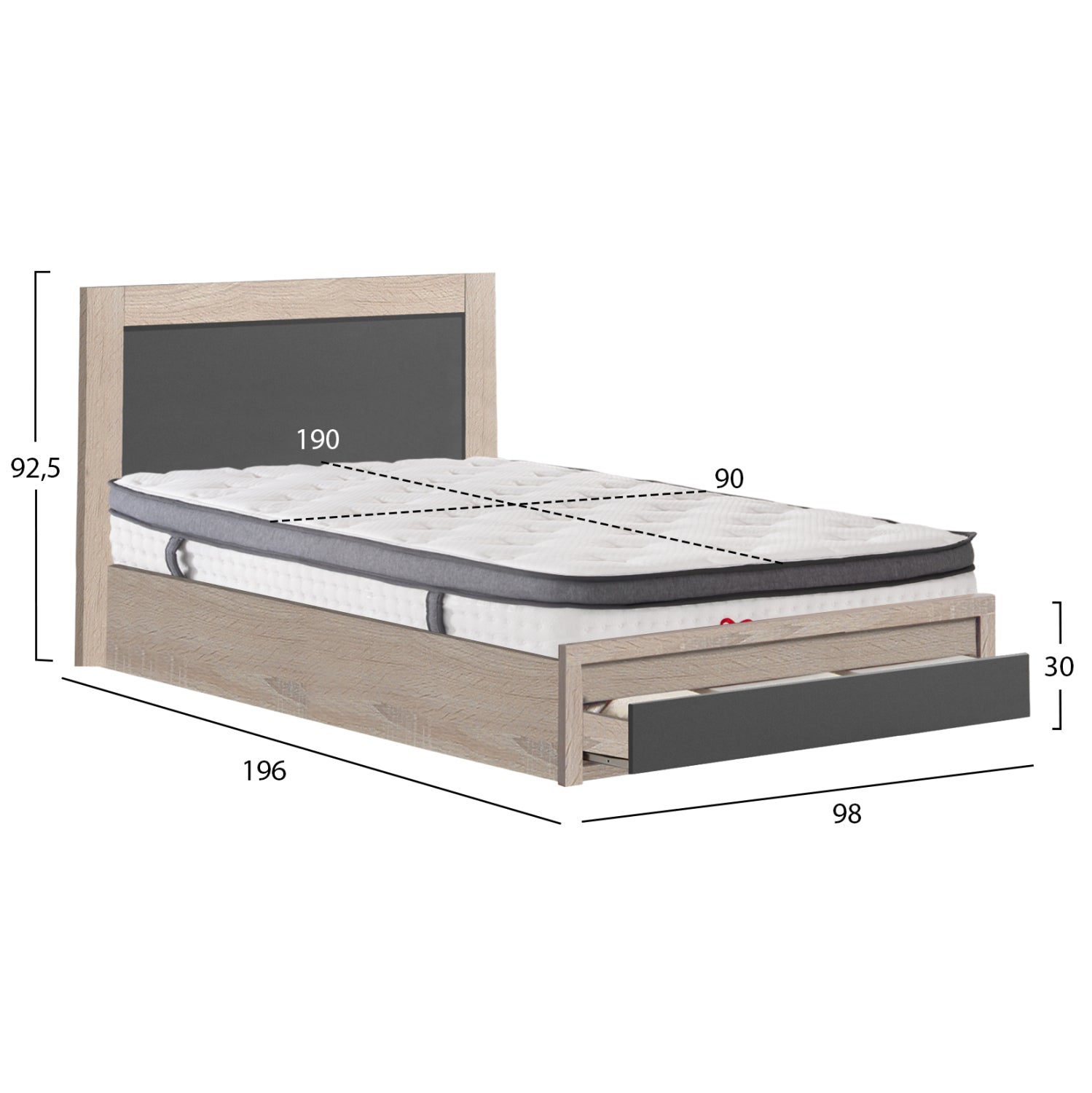SINGLE BED WITH DRAWER & MATTRESS MELANY HM10745.03 MELAMINE SONAMA/GREY--FOR 90x190cm.