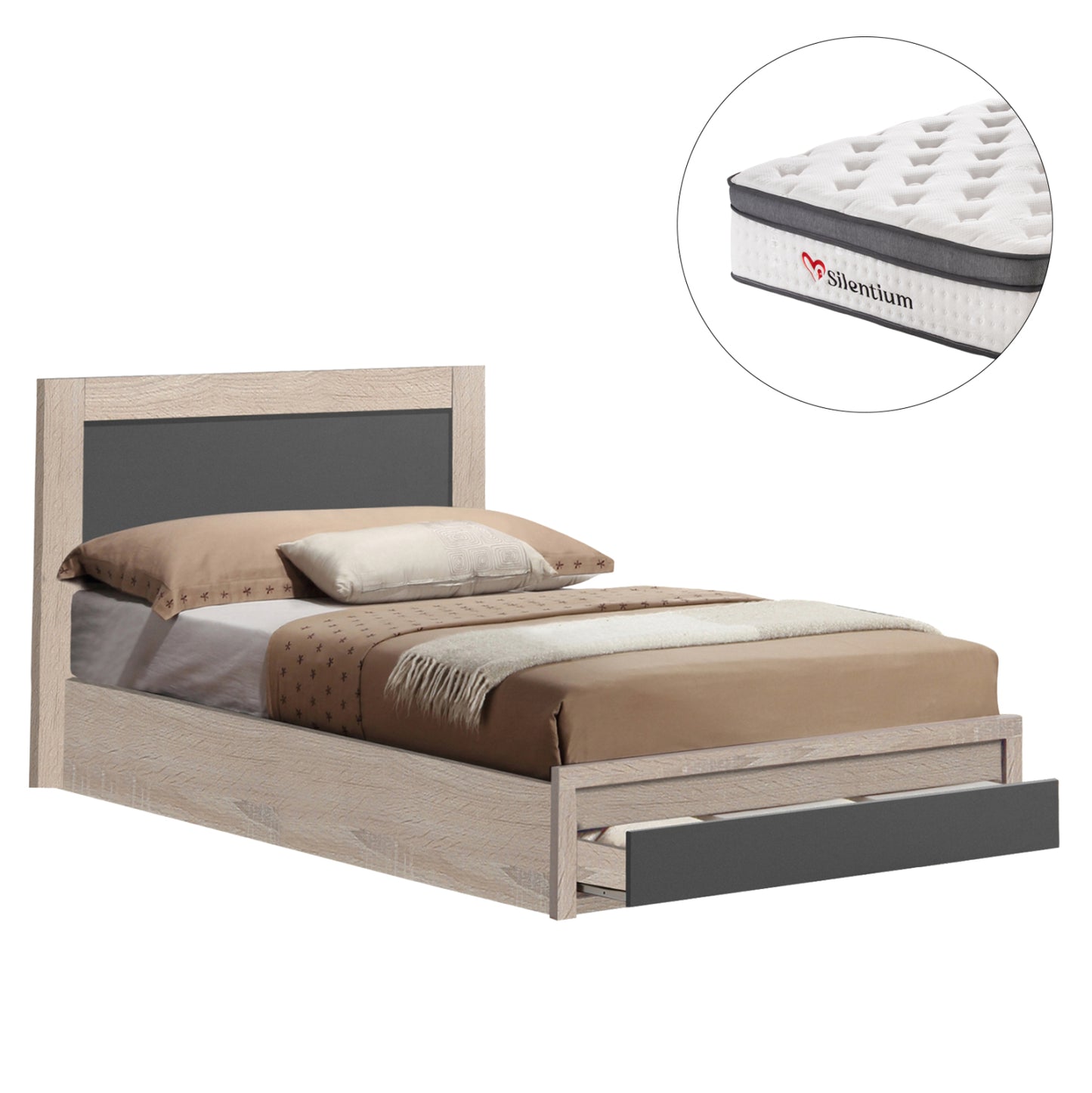 SINGLE BED WITH DRAWER & MATTRESS MELANY HM10745.03 MELAMINE SONAMA/GREY--FOR 90x190cm.