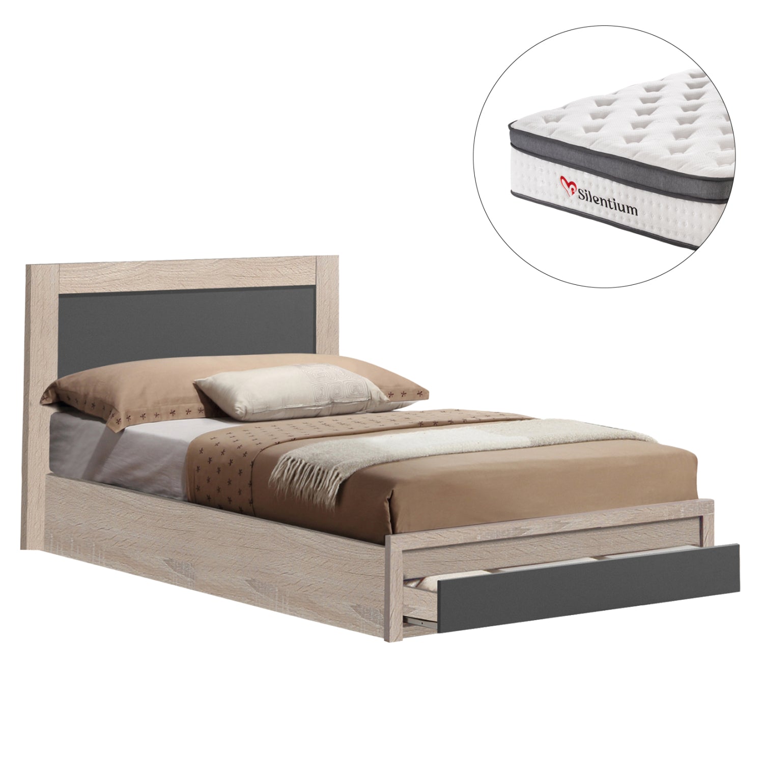SINGLE BED WITH DRAWER & MATTRESS MELANY HM10745.03 MELAMINE SONAMA/GREY--FOR 90x190cm.