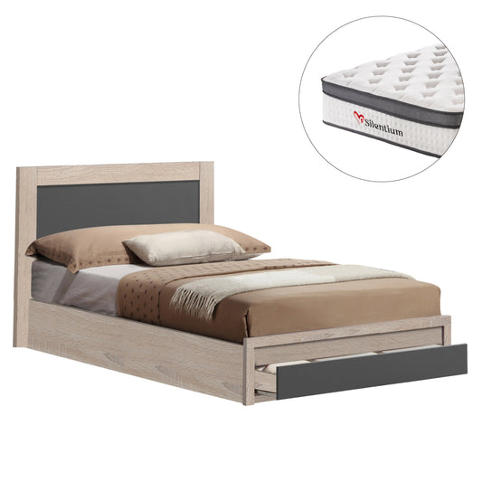 SINGLE BED WITH DRAWER & MATTRESS MELANY HM10745.03 MELAMINE SONAMA/GREY--FOR 90x190cm.
