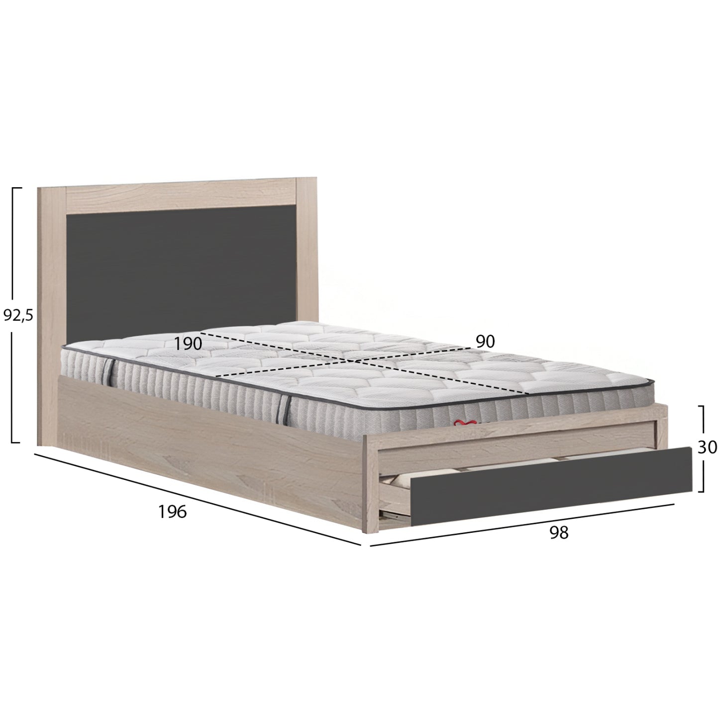 SINGLE BED WITH DRAWER & MATTRESS MELANY HM10756.04 MELAMINE IN SONAMA/GREY--FOR 90x190cm.