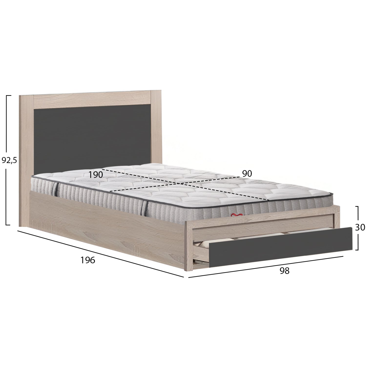 SINGLE BED WITH DRAWER & MATTRESS MELANY HM10756.04 MELAMINE IN SONAMA/GREY--FOR 90x190cm.