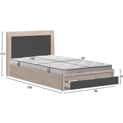 SINGLE BED WITH DRAWER & MATTRESS MELANY HM10756.04 MELAMINE IN SONAMA/GREY--FOR 90x190cm.