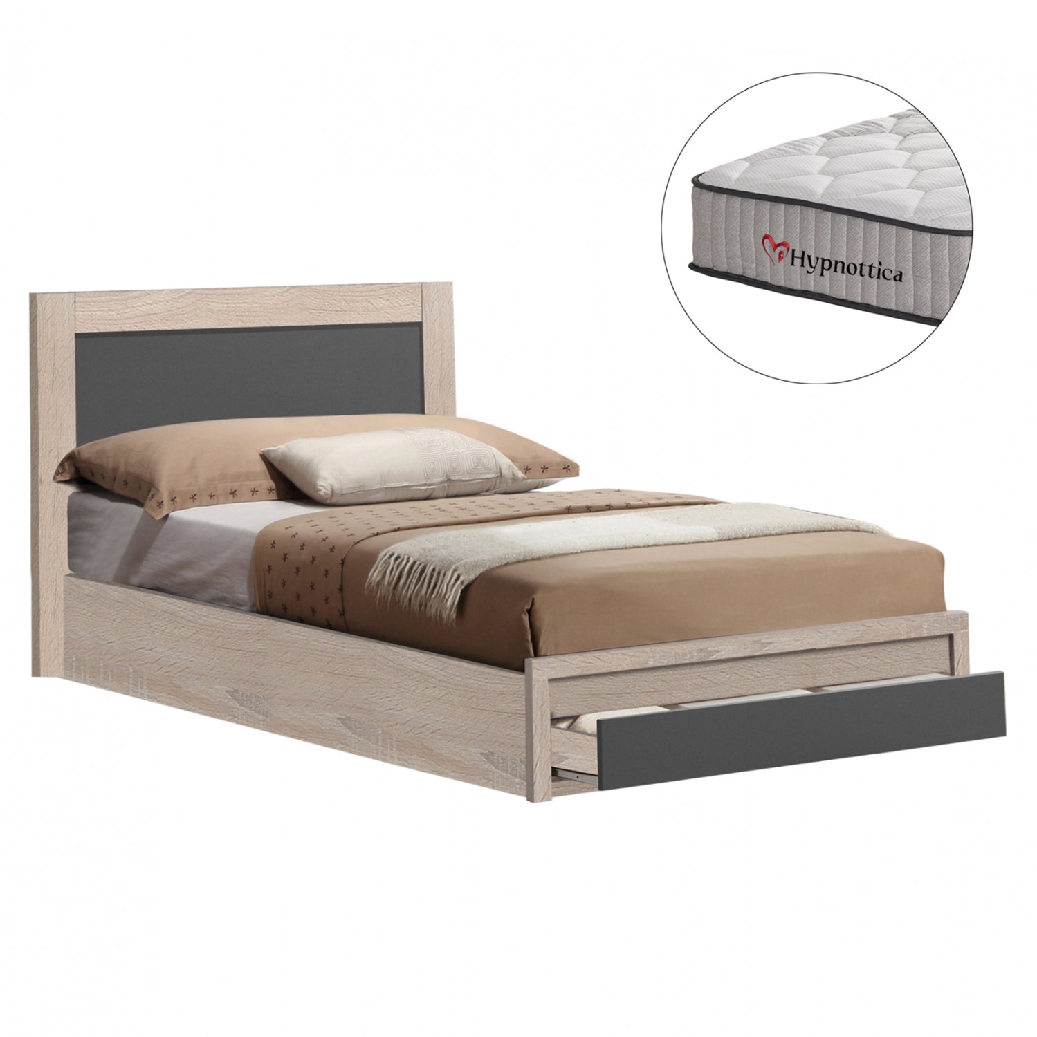 SINGLE BED WITH DRAWER & MATTRESS MELANY HM10756.04 MELAMINE IN SONAMA/GREY--FOR 90x190cm.