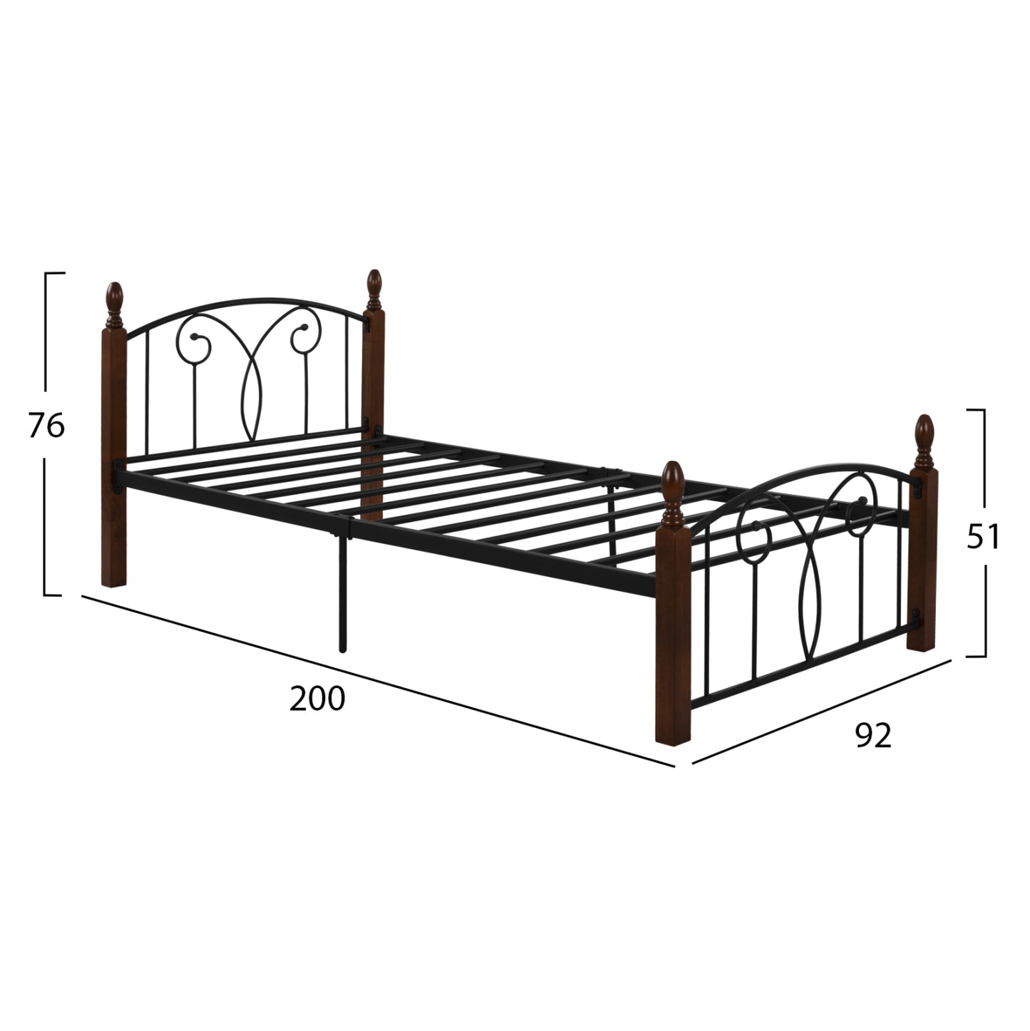 SINGLE BED SUZIE HM389 METAL & RUBBERWOOD FOR SINGLE MATTRESS 90x190cm.