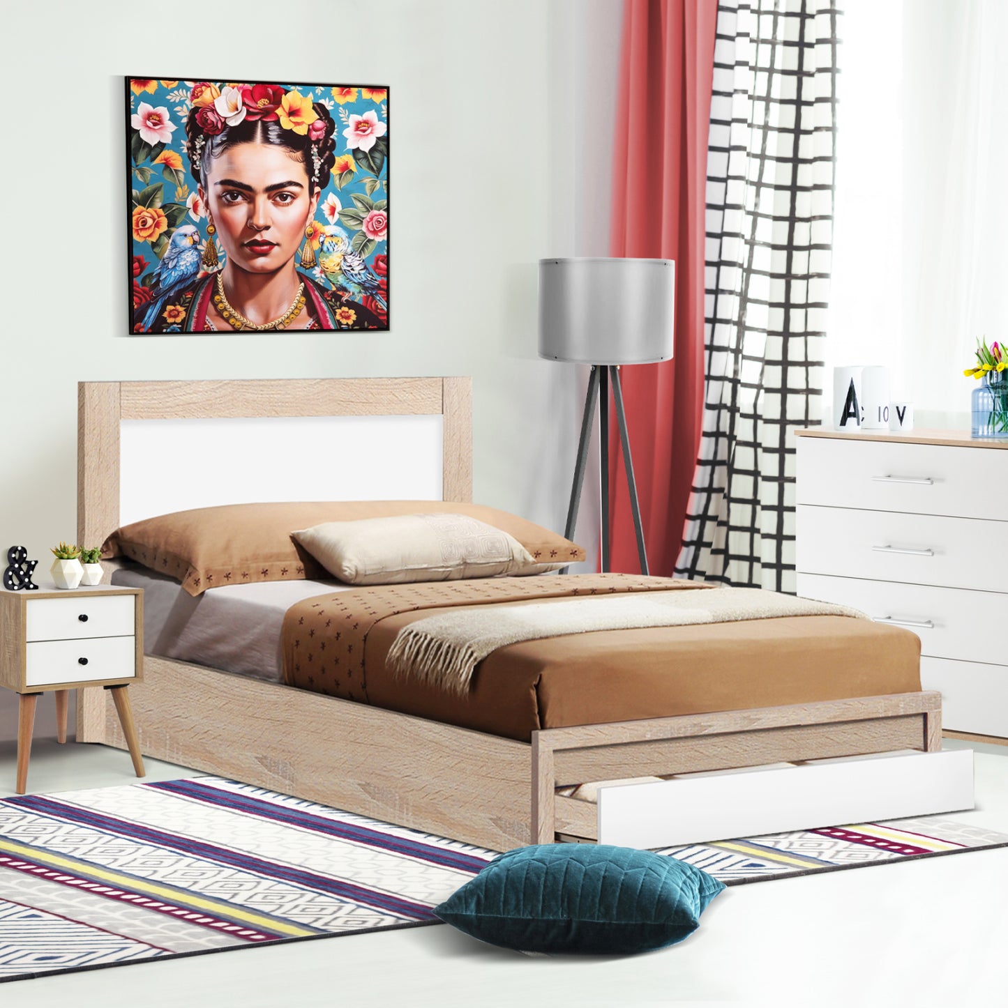 SINGLE BED WITH DRAWER & MATTRESS MELANY HM10745 MELAMINE IN SONAMA/WHITE--FOR 90x190cm.