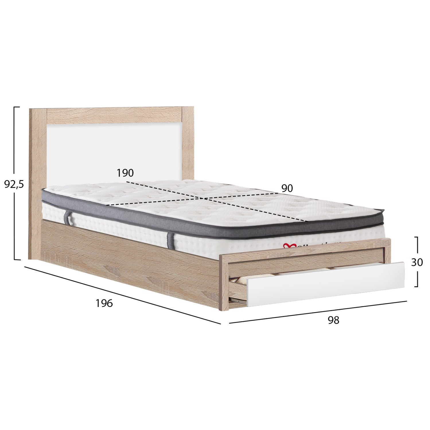 SINGLE BED WITH DRAWER & MATTRESS MELANY HM10745 MELAMINE IN SONAMA/WHITE--FOR 90x190cm.