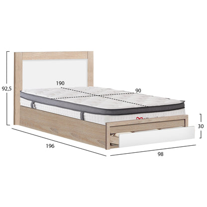SINGLE BED WITH DRAWER & MATTRESS MELANY HM10745 MELAMINE IN SONAMA/WHITE--FOR 90x190cm.