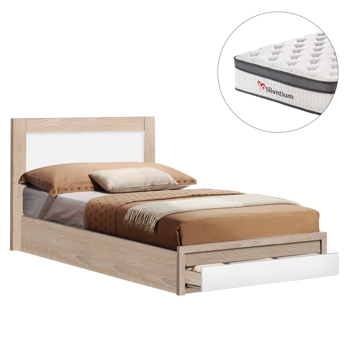SINGLE BED WITH DRAWER & MATTRESS MELANY HM10745 MELAMINE IN SONAMA/WHITE--FOR 90x190cm.