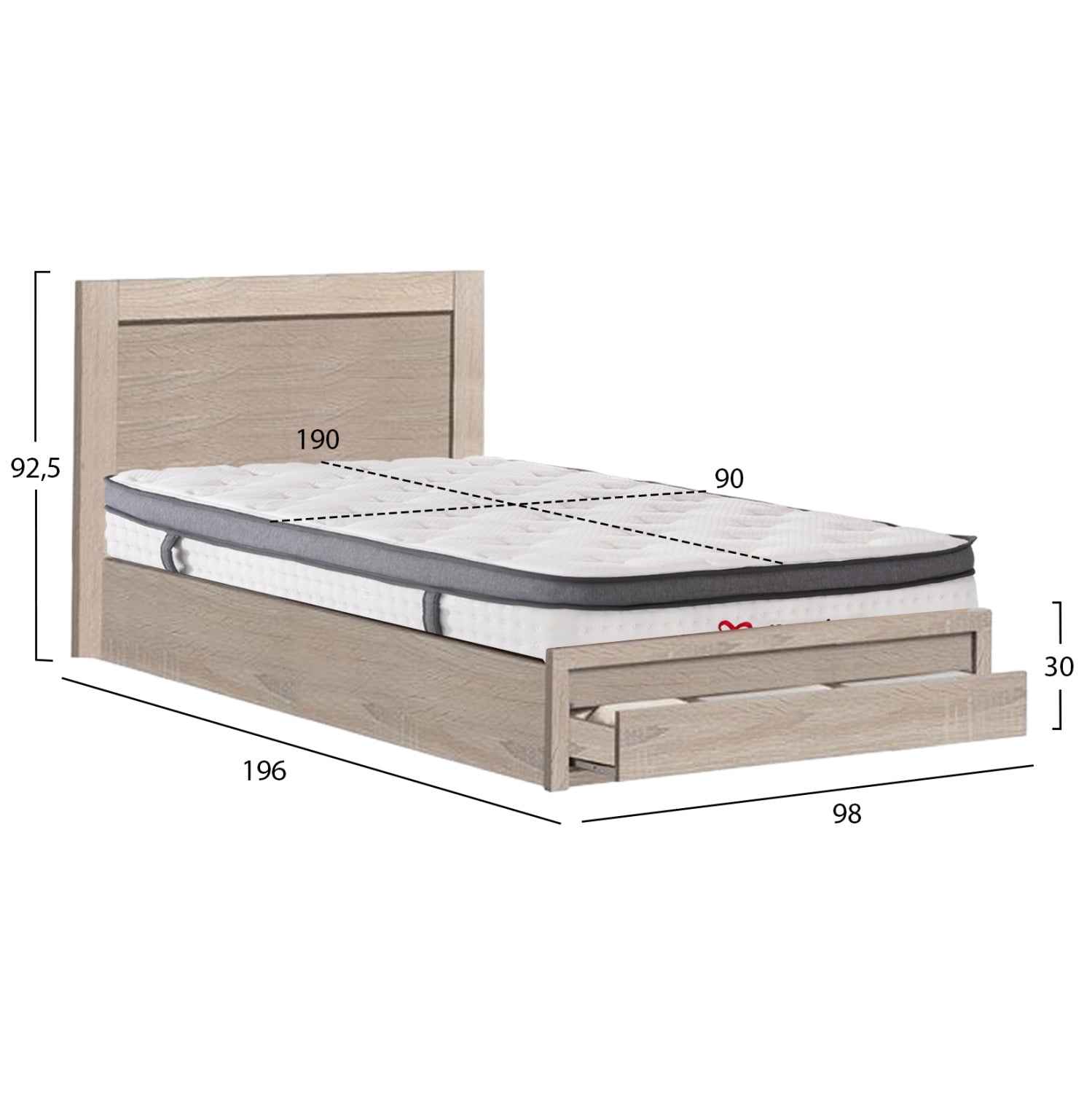 SINGLE BED WITH DRAWER & MATTRESS MELANY HM10745.02 MELAMINE IN SONAMA--FOR 90x190cm.