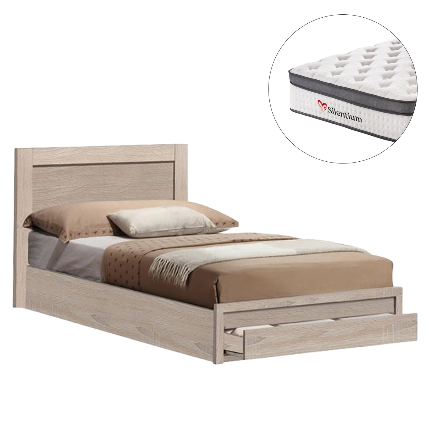 SINGLE BED WITH DRAWER & MATTRESS MELANY HM10745.02 MELAMINE IN SONAMA--FOR 90x190cm.
