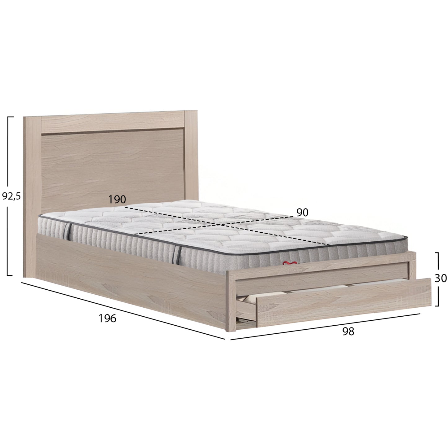 SINGLE BED WITH DRAWER & MATTRESS MELANY HM10756.03 MELAMINE IN SONAMA--FOR 90x190cm.