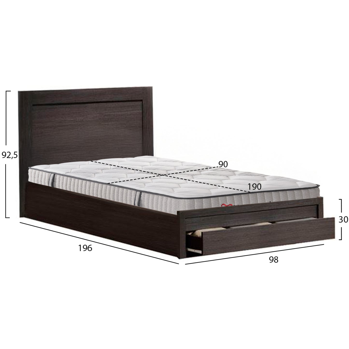 SINGLE BED WITH DRAWER & MATTRESS MELANY HM10756.02 MELAMINE IN ZEBRANO--FOR 90x190cm.