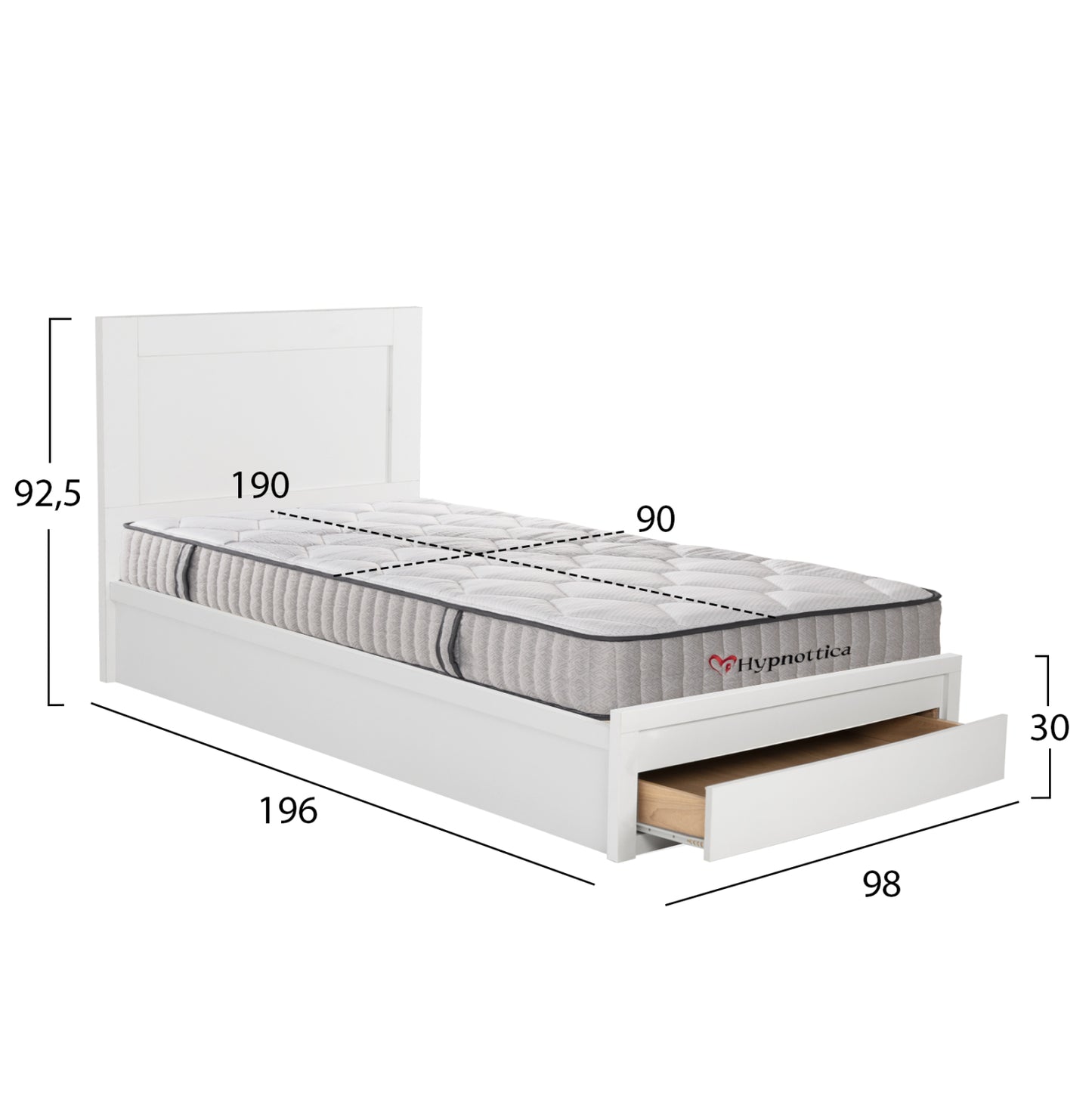 SINGLE BED WITH DRAWER & MATTRESS MELANY HM10756.05 MELAMINE IN WHITE--FOR 90x190cm.