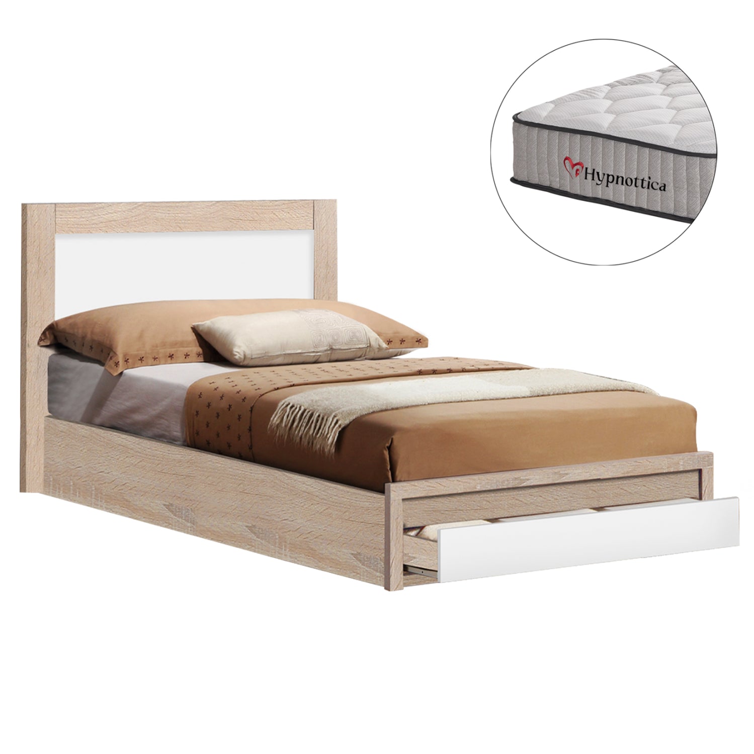 SINGLE BED WITH DRAWER & MATTRESS MELANY HM10756.01 MELAMINE IN SONAMA/WHITE--FOR 90x190cm.