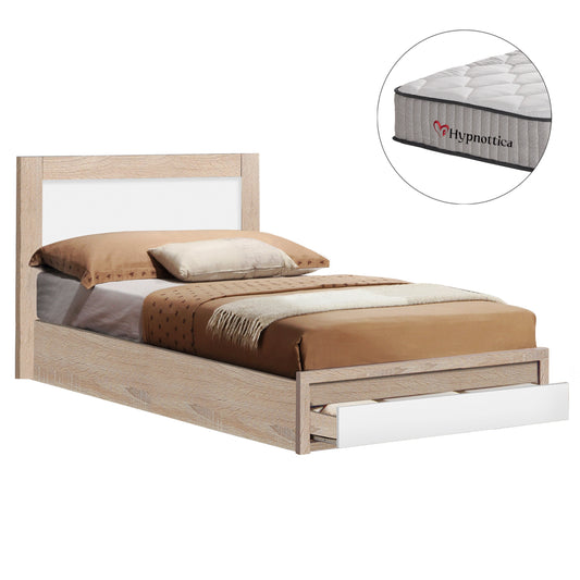 SINGLE BED WITH DRAWER & MATTRESS MELANY HM10756.01 MELAMINE IN SONAMA/WHITE--FOR 90x190cm.