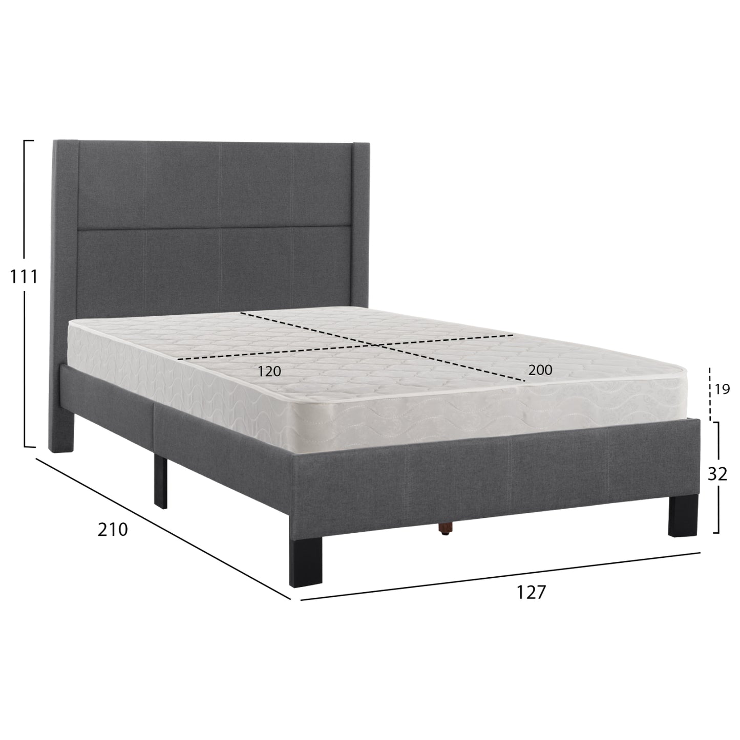 SINGLE BED WITH MATTRESS TRILLOP HM21203.12 GREY FABRIC--FOR 120X200cm.