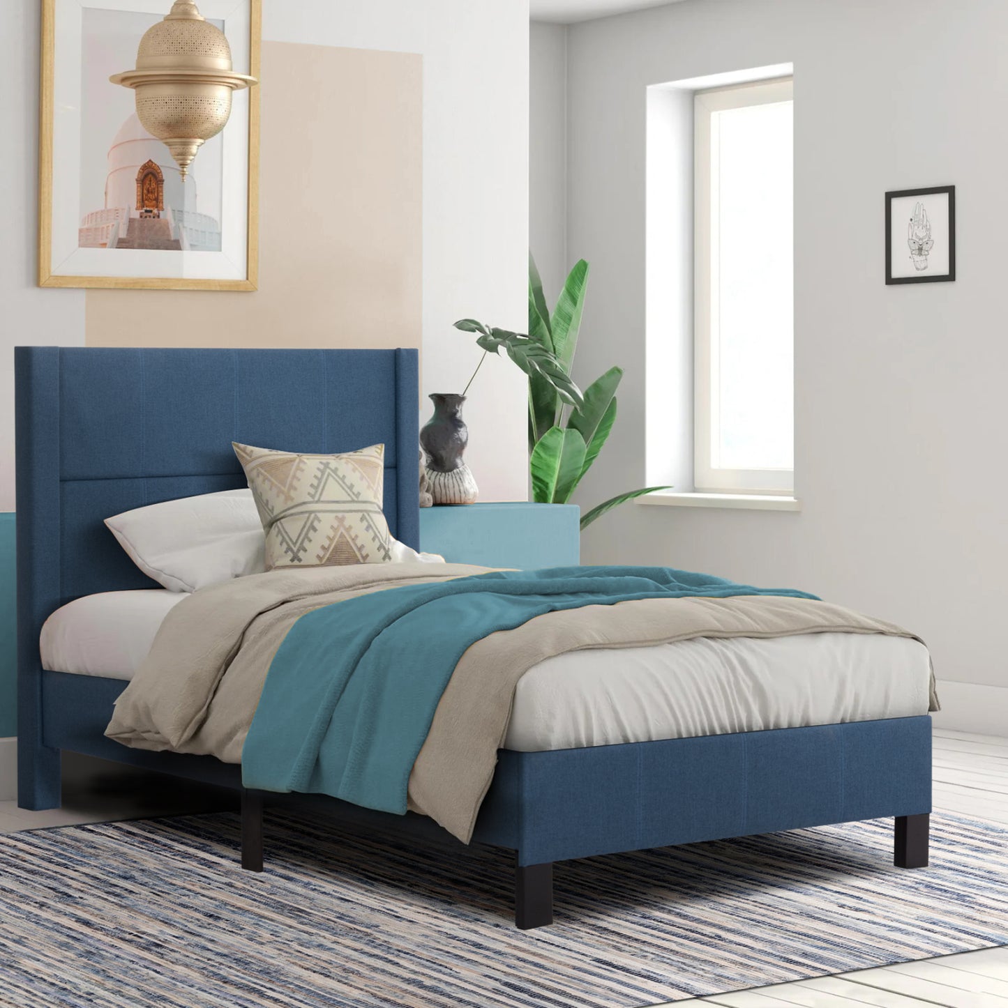 SINGLE BED WITH MATTRESS TRILLOP HM21203.14 BLUE FABRIC--FOR 120X200cm.