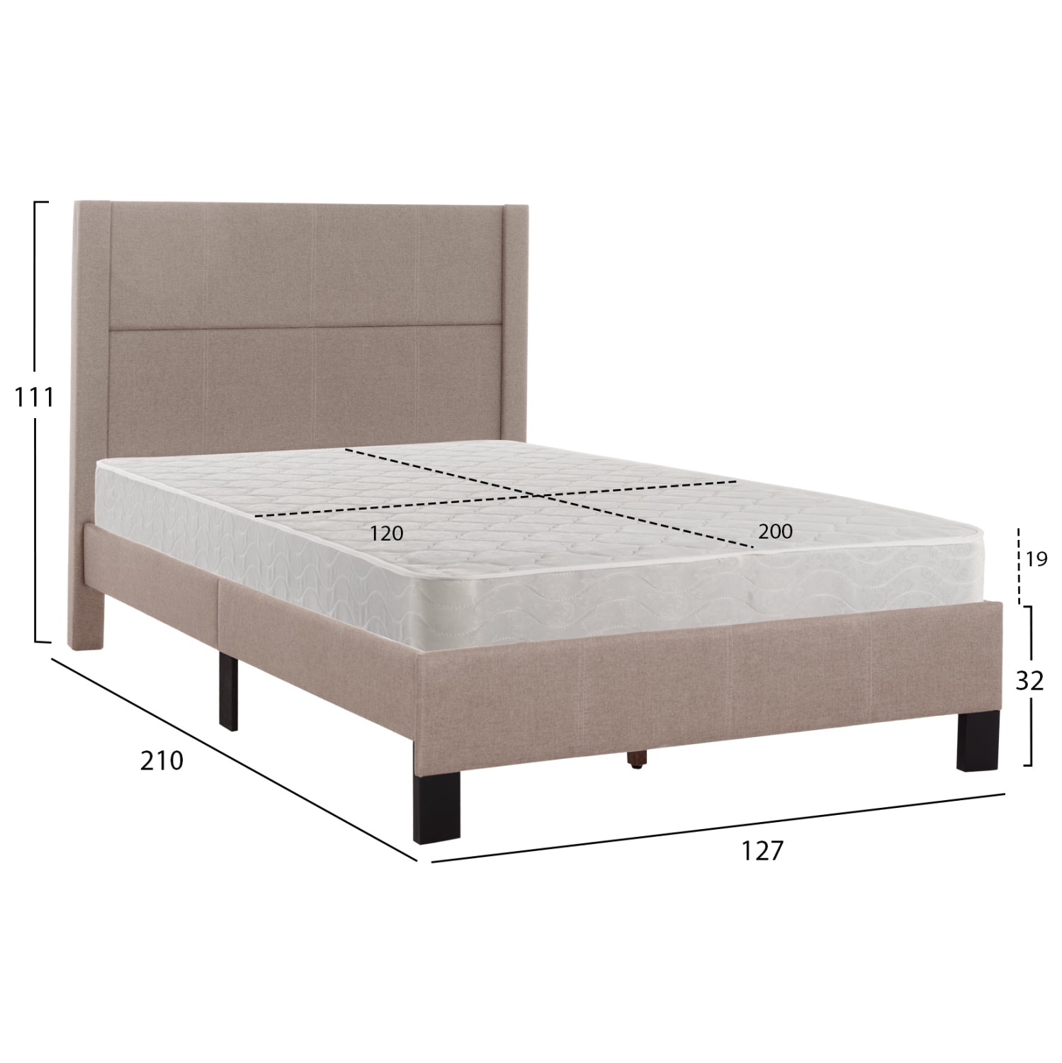 SINGLE BED WITH MATTRESS TRILLOP HM21203.15 BEIGE FABRIC--FOR 120X200cm.