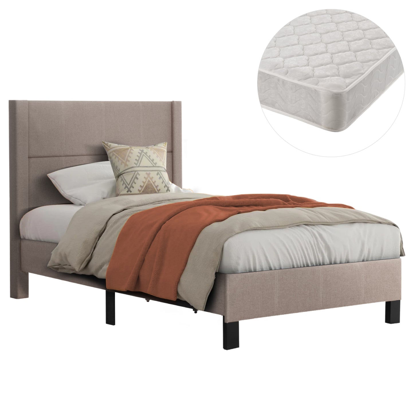 SINGLE BED WITH MATTRESS TRILLOP HM21203.15 BEIGE FABRIC--FOR 120X200cm.