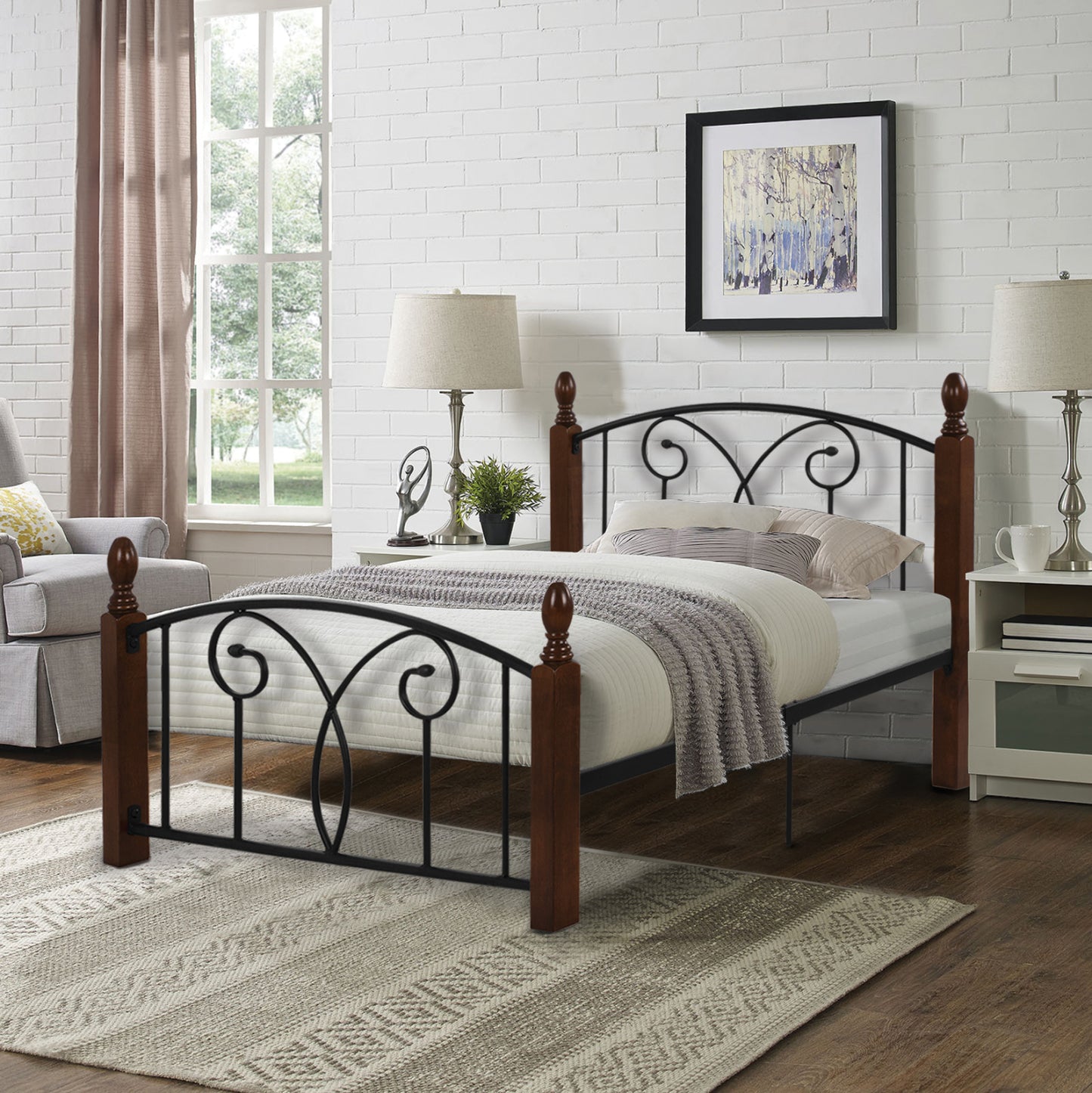 BED WITH MATTRESS SUZIE HM21331 METAL & WOOD IN WALNUT--MATTRESS 90x190cm