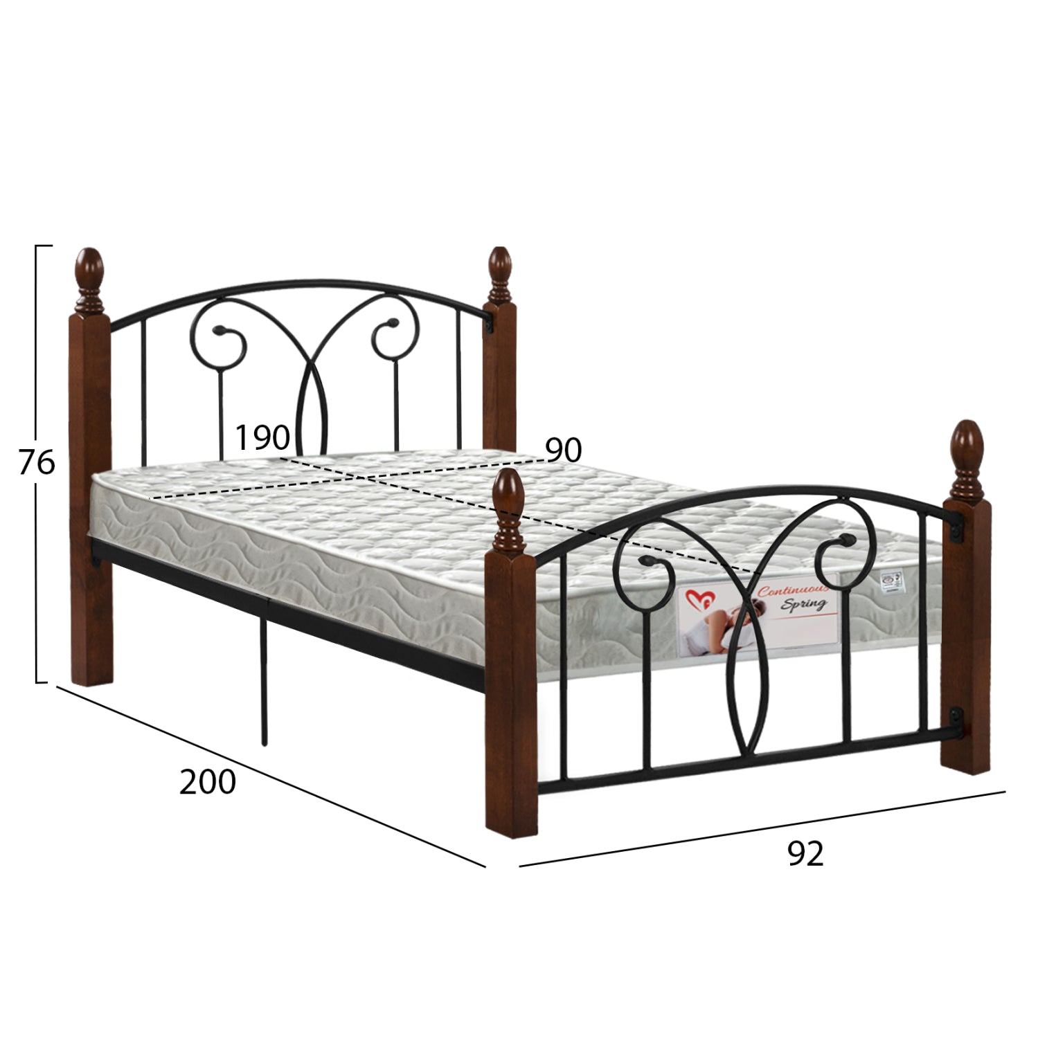 BED WITH MATTRESS SUZIE HM21331 METAL & WOOD IN WALNUT--MATTRESS 90x190cm