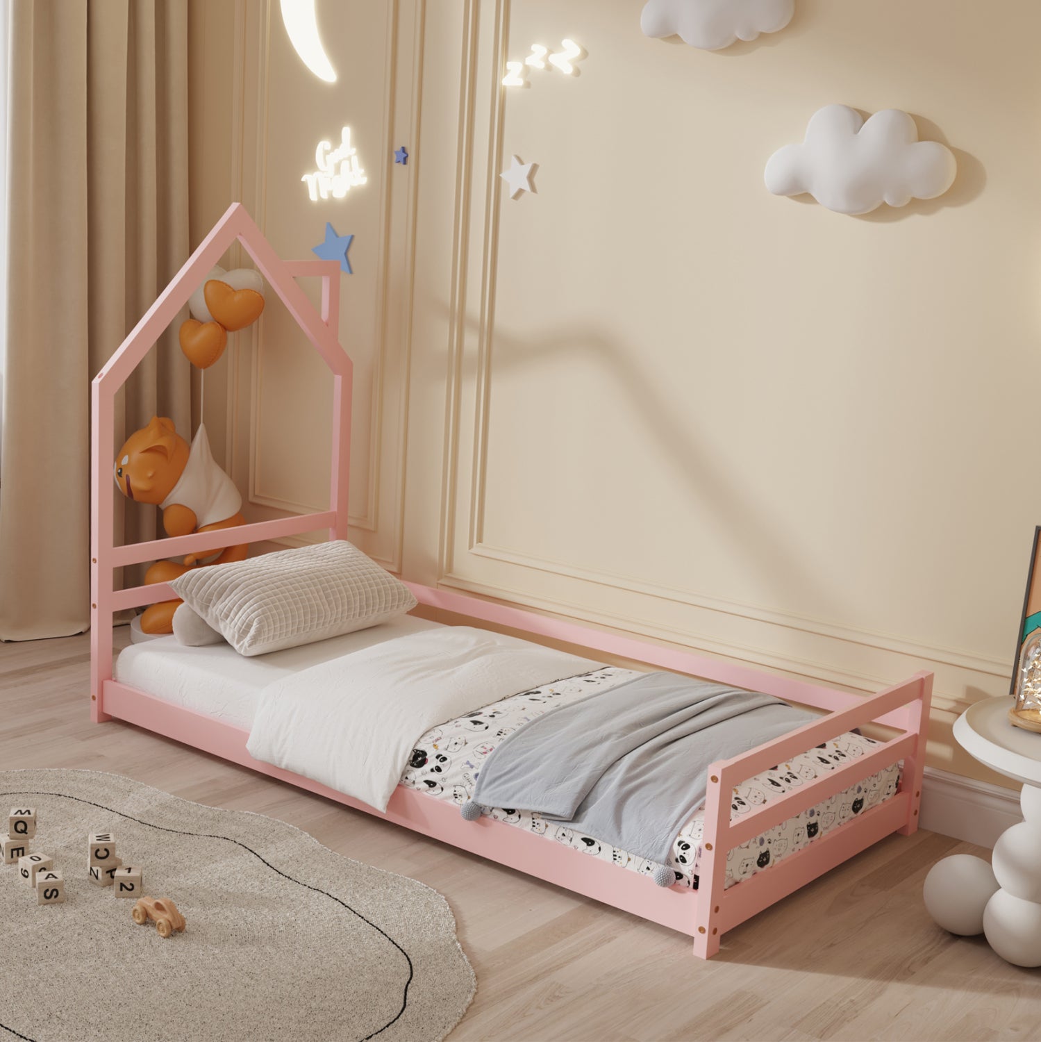 BED FOR KIDS HOUSER HM676.06 t.MONTESSORI SOLID PINE WOOD IN PINK- 190x90cm.