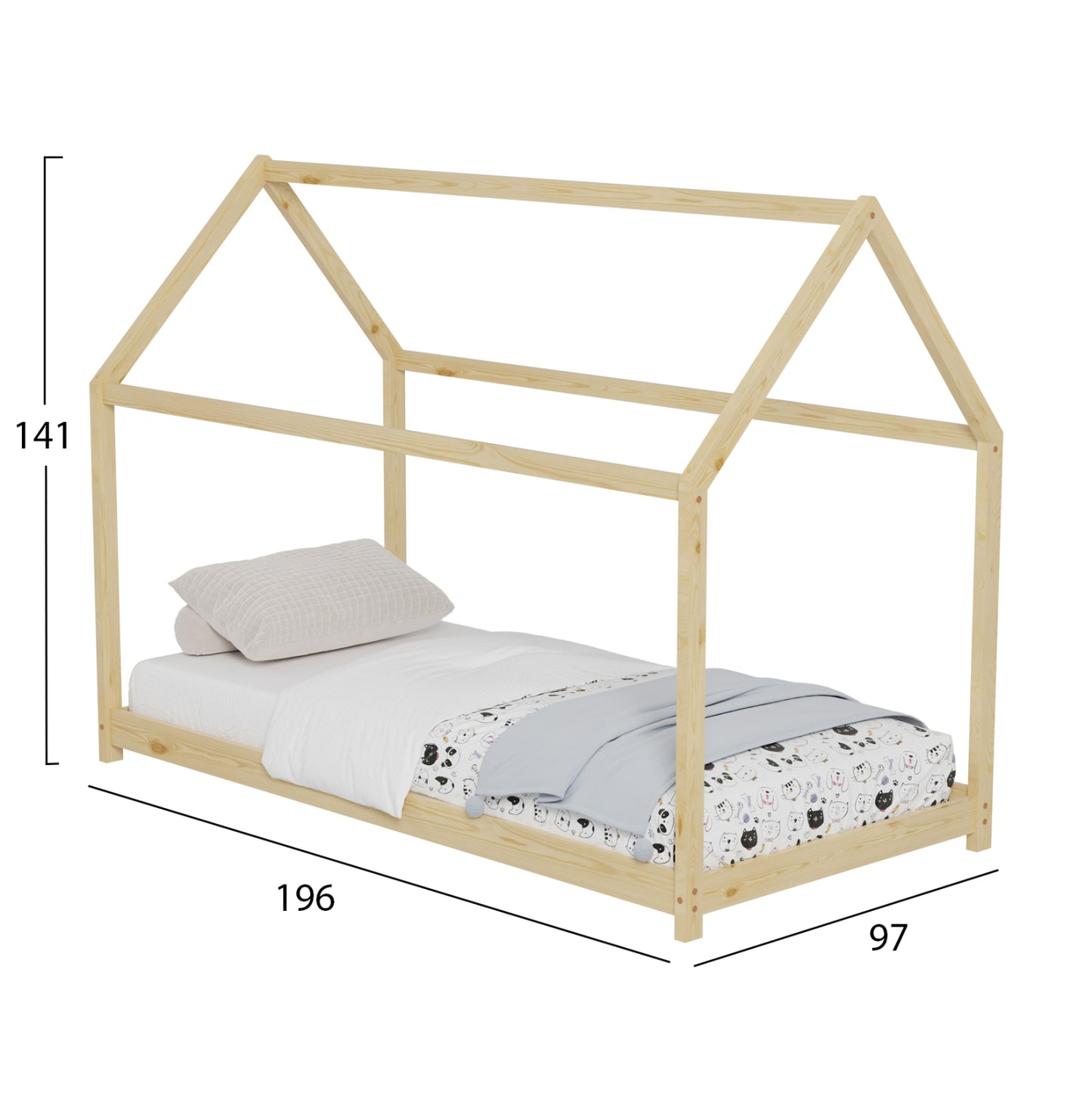 BED FOR KIDS PEPE HM677.01 t.MONTESSORI SOLID PINE WOOD IN NATURAL- 190x90cm.