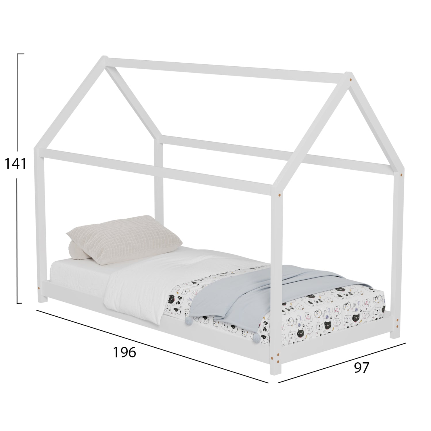 BED FOR KIDS PEPE HM677.03 t.MONTESSORI SOLID PINE WOOD IN WHITE- 190x90cm.
