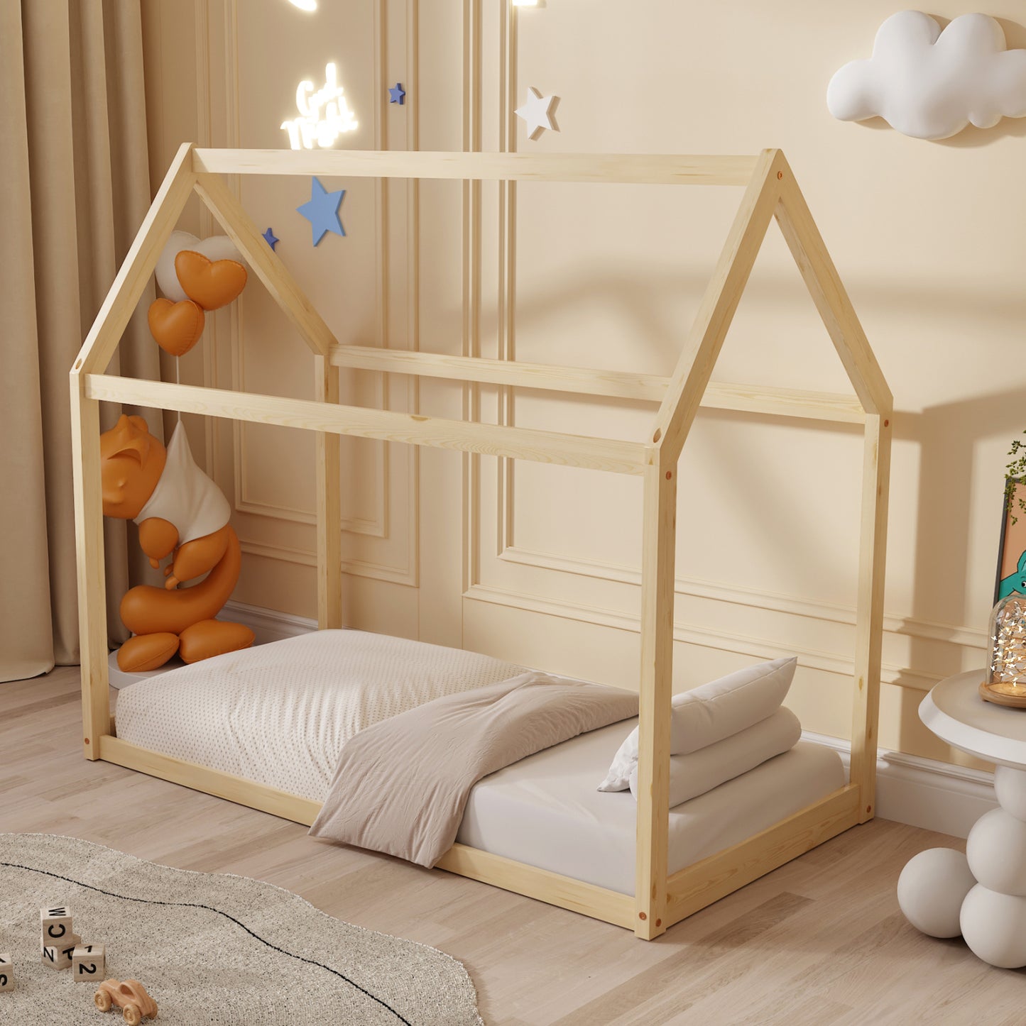 BED FOR KIDS PEPE HM678.01 t.MONTESSORI SOLID PINE WOOD IN NATURAL- 140x70cm.