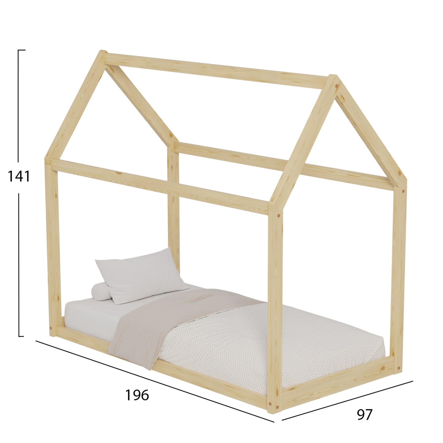BED FOR KIDS PEPE HM678.01 t.MONTESSORI SOLID PINE WOOD IN NATURAL- 140x70cm.