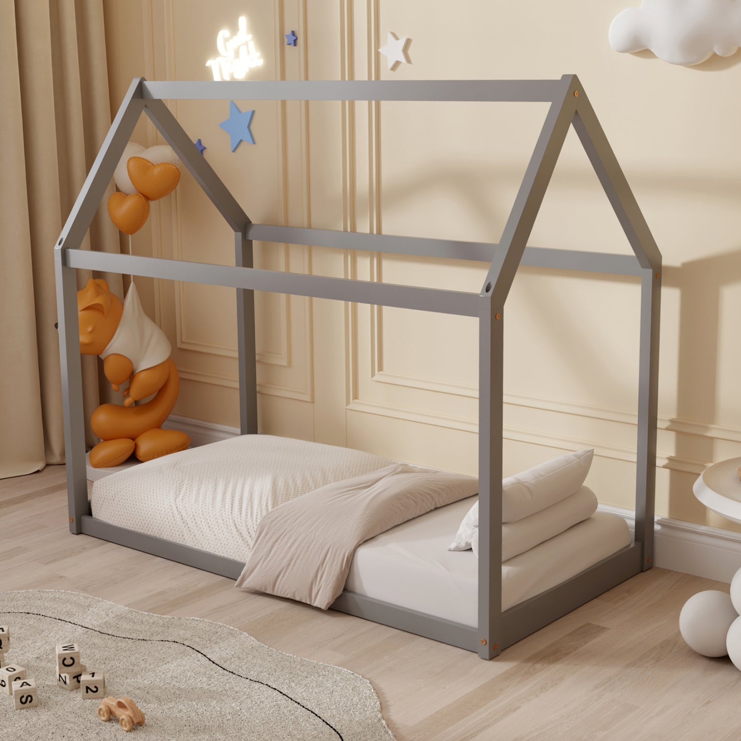 BED FOR KIDS PEPE HM678.05 t.MONTESSORI SOLID PINE WOOD IN GREY- 140x70cm.