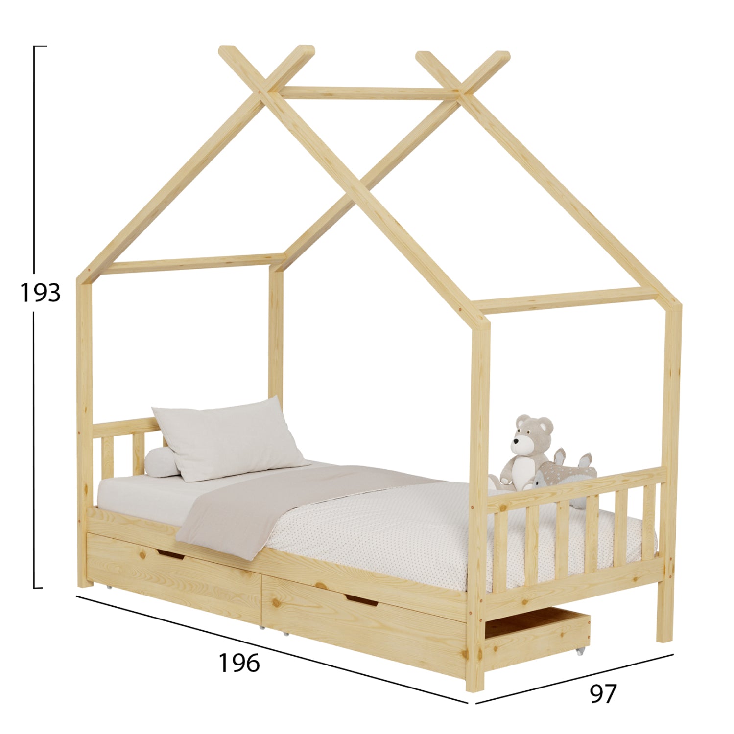 BED FOR KIDS KLARICE HM680.01 t.MONTESSORI-2 DRAWERS- SOLID PINE WOOD IN NATURAL- 190x90cm.
