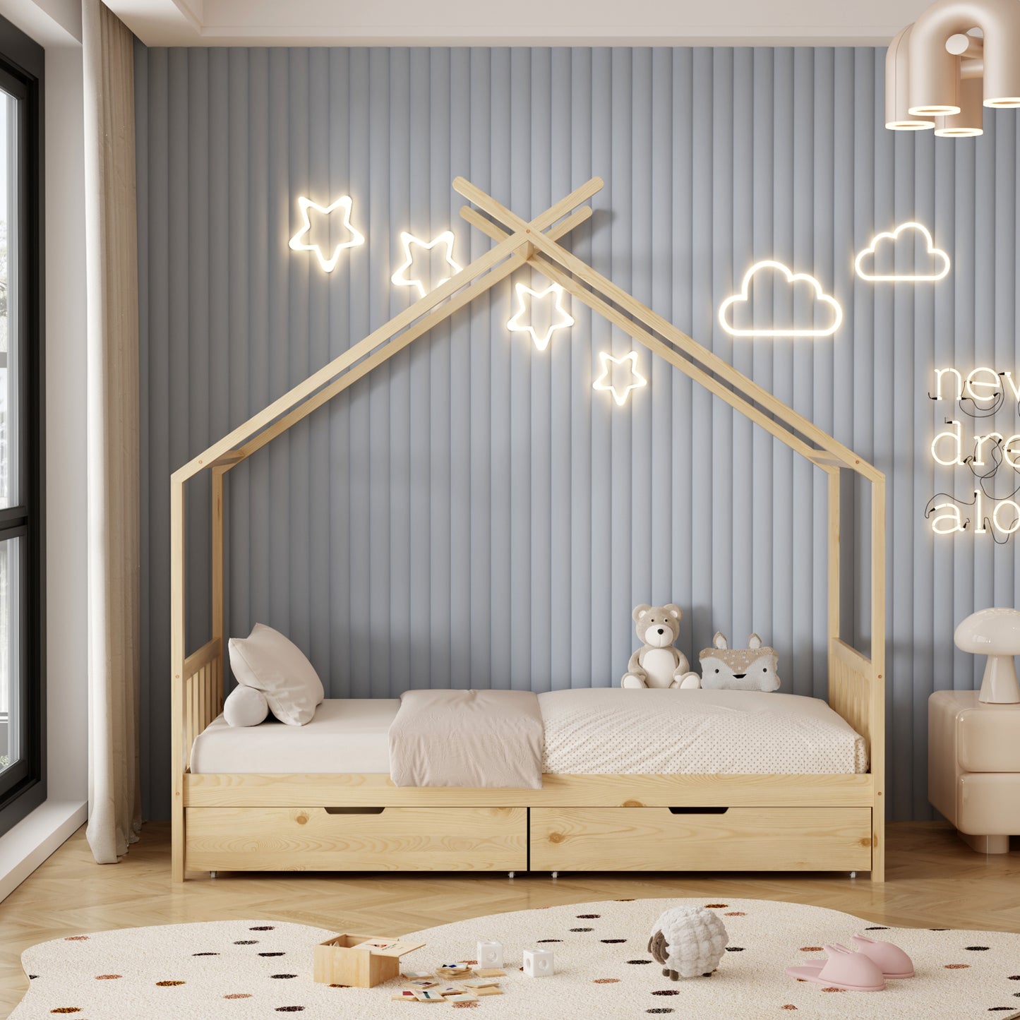 BED FOR KIDS KLARICE HM680.01 t.MONTESSORI-2 DRAWERS- SOLID PINE WOOD IN NATURAL- 190x90cm.