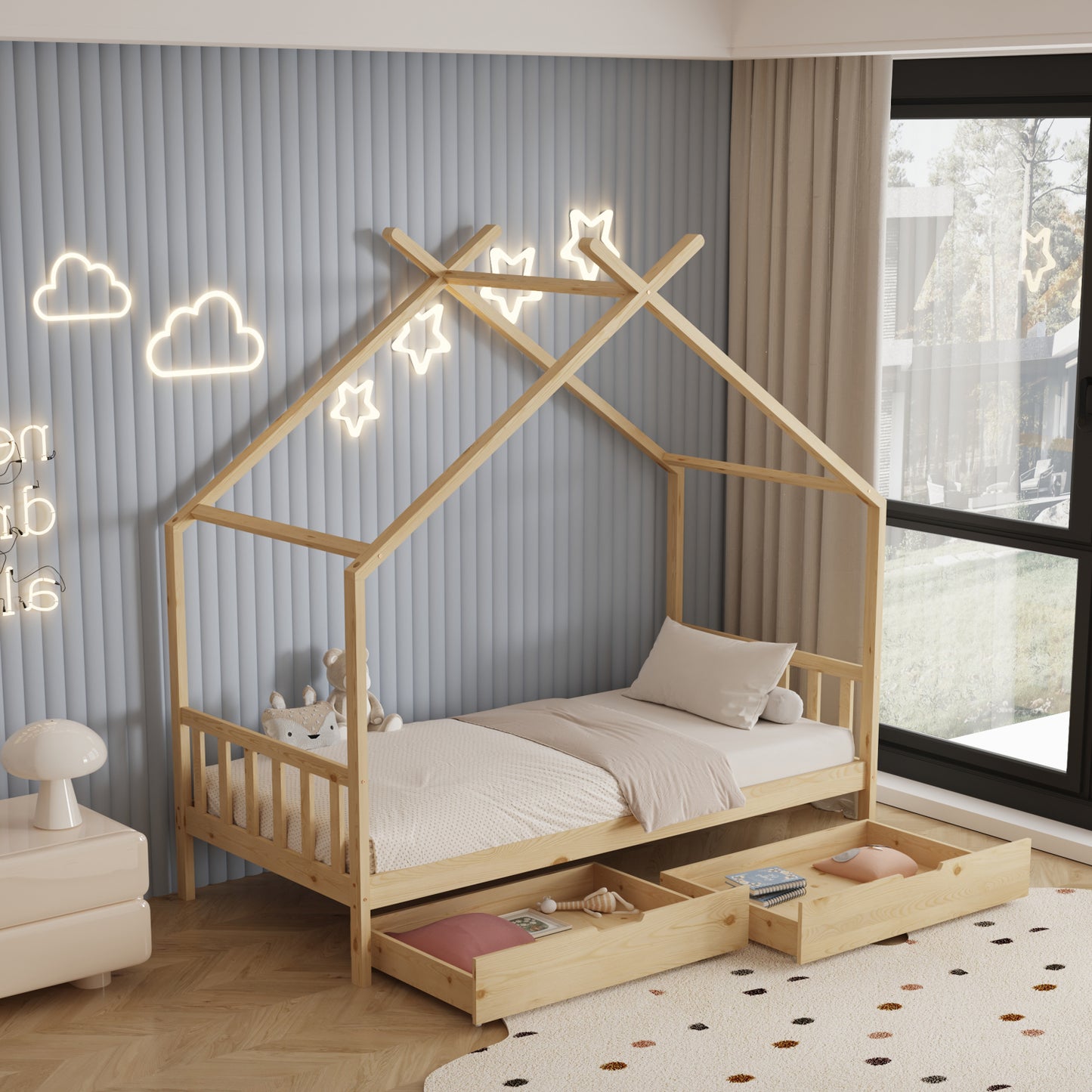 BED FOR KIDS KLARICE HM680.01 t.MONTESSORI-2 DRAWERS- SOLID PINE WOOD IN NATURAL- 190x90cm.