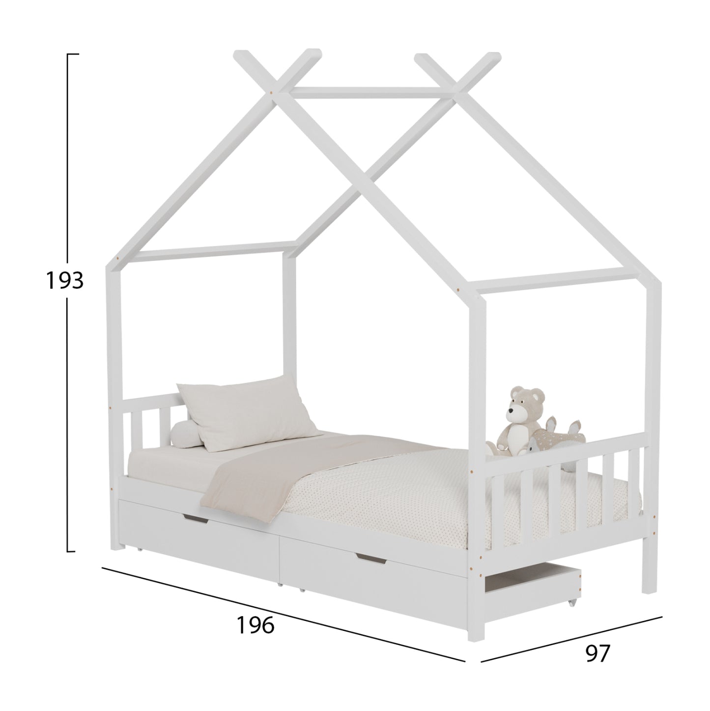 BED FOR KIDS KLARICE HM680.03 t.MONTESSORI-2 DRAWERS- SOLID PINE WOOD IN WHITE- 190x90cm.