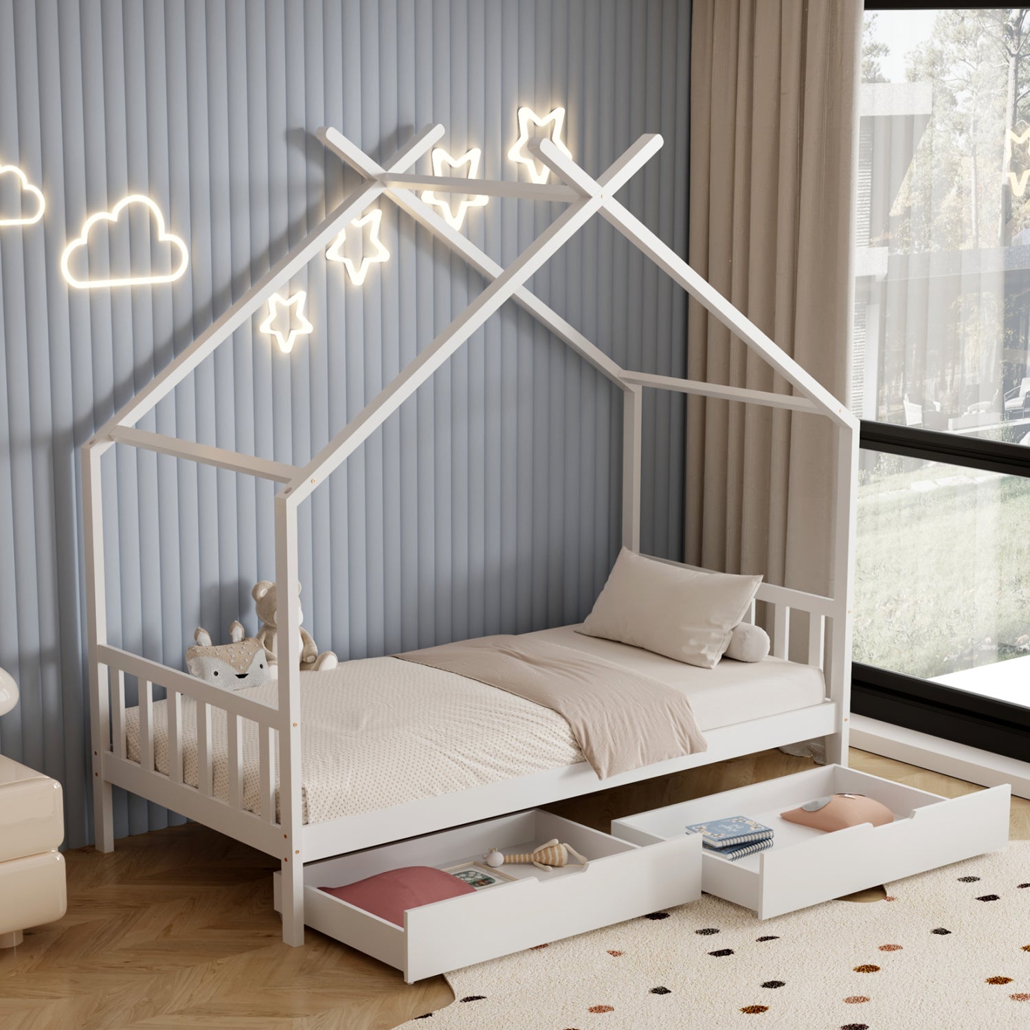 BED FOR KIDS KLARICE HM680.03 t.MONTESSORI-2 DRAWERS- SOLID PINE WOOD IN WHITE- 190x90cm.