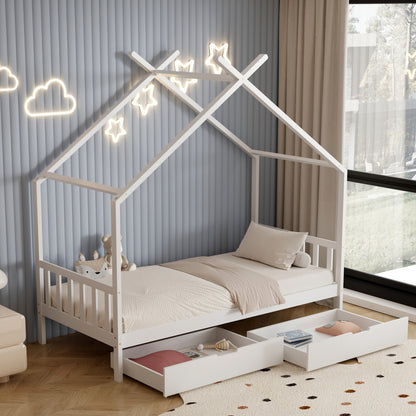 BED FOR KIDS KLARICE HM680.03 t.MONTESSORI-2 DRAWERS- SOLID PINE WOOD IN WHITE- 190x90cm.