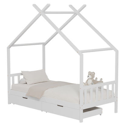 BED FOR KIDS KLARICE HM680.03 t.MONTESSORI-2 DRAWERS- SOLID PINE WOOD IN WHITE- 190x90cm.
