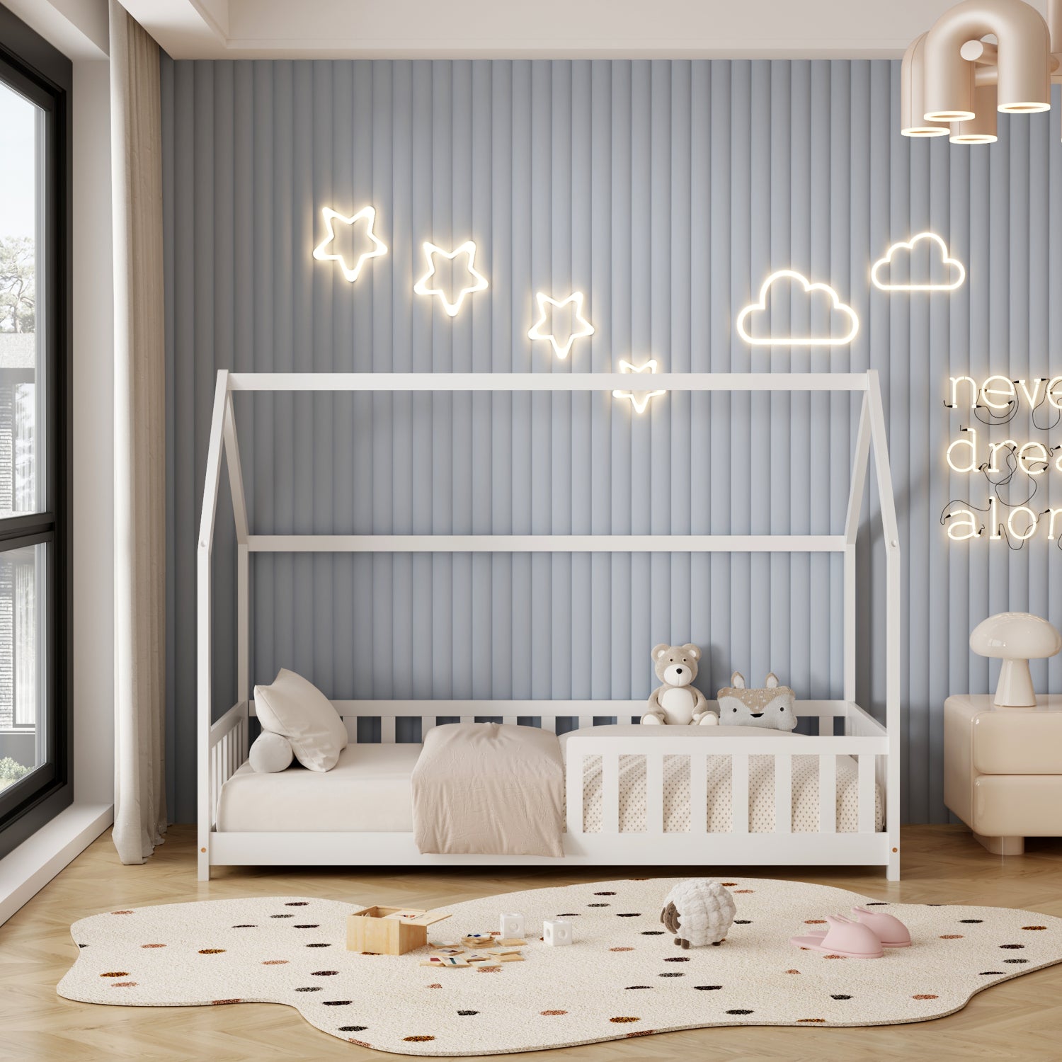 BED FOR KIDS WITH FENCE PHYLLIS HM679.03 t.MONTESSORI SOLID PINE WOOD IN WHITE- 190x90cm.