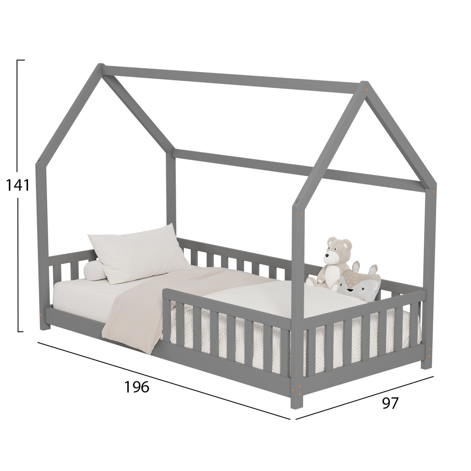 BED FOR KIDS WITH FENCE PHYLLIS HM679.05 t.MONTESSORI SOLID PINE WOOD IN GREY- 190x90cm.