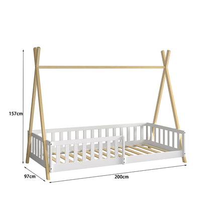 BED FOR KIDS WITH RAILING MUNK HM739.03 t.MONTESSORI-PINE WOOD IN NATURAL-WHITE FOR MATTRESS 190x90cm.