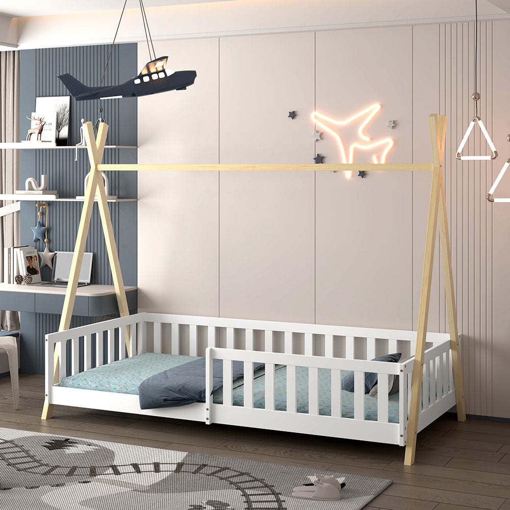 BED FOR KIDS WITH RAILING MUNK HM739.03 t.MONTESSORI-PINE WOOD IN NATURAL-WHITE FOR MATTRESS 190x90cm.