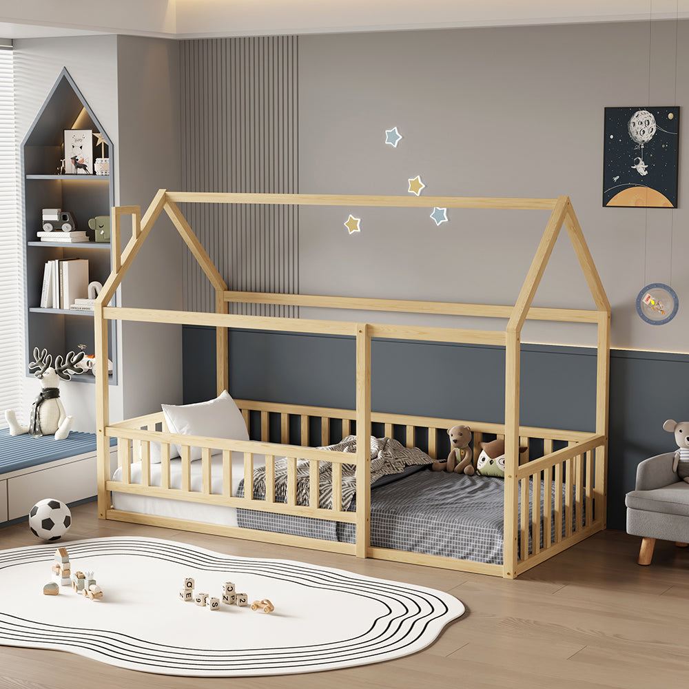 BED FOR KIDS WITH RAILINGS HOUSER HM706.01 t.MONTESSORI SOLID PINE WOOD IN NATURAL- 190x90cm.