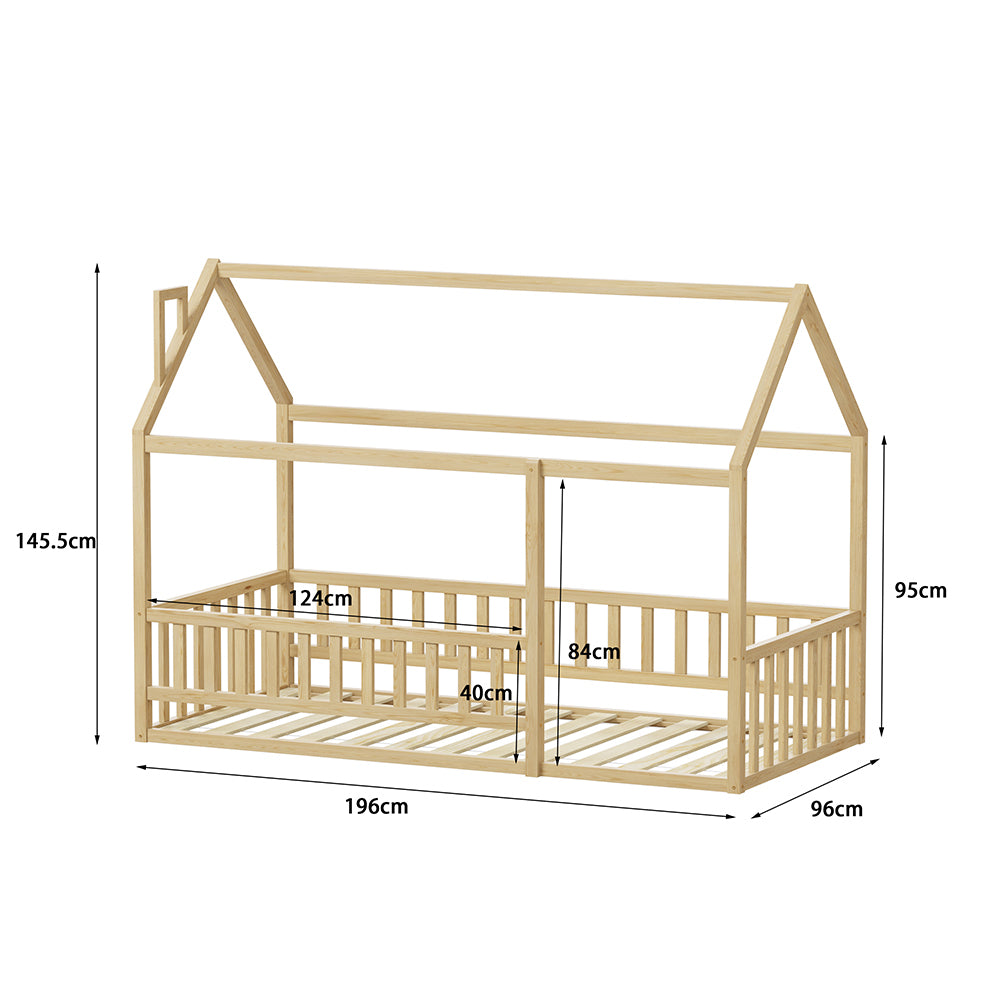BED FOR KIDS WITH RAILINGS HOUSER HM706.01 t.MONTESSORI SOLID PINE WOOD IN NATURAL- 190x90cm.