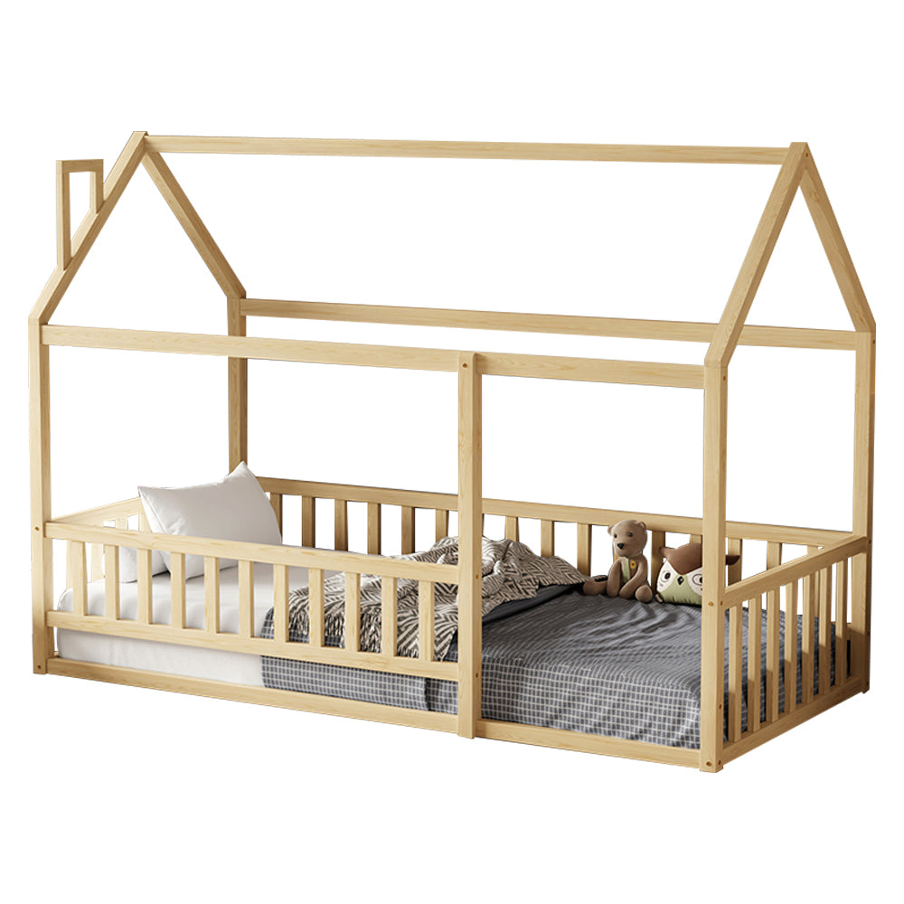 BED FOR KIDS WITH RAILINGS HOUSER HM706.01 t.MONTESSORI SOLID PINE WOOD IN NATURAL- 190x90cm.