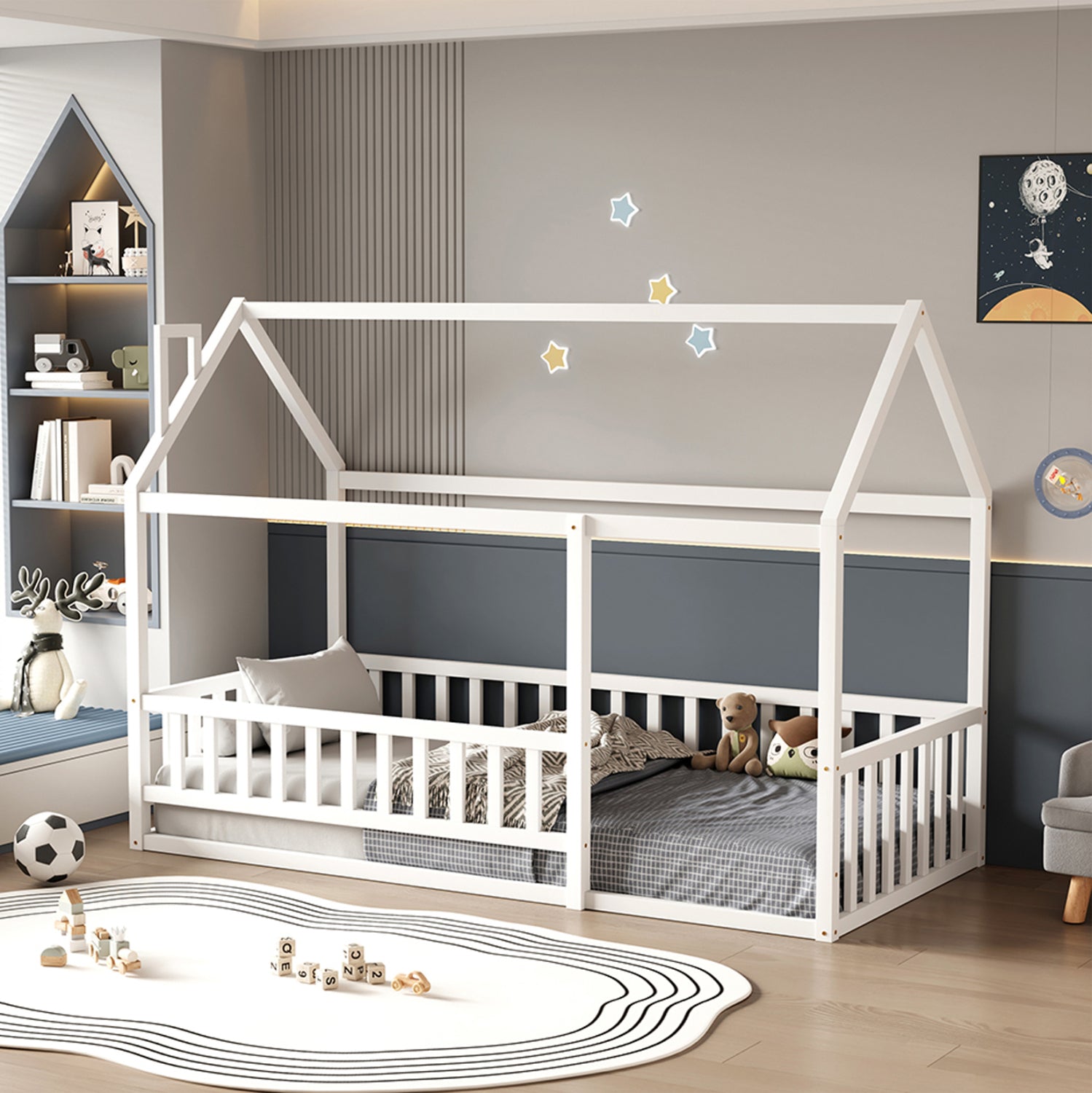BED FOR KIDS WITH RAILINGS HOUSER HM706.03 t.MONTESSORI SOLID PINE WOOD IN WHITE- 190x90cm.